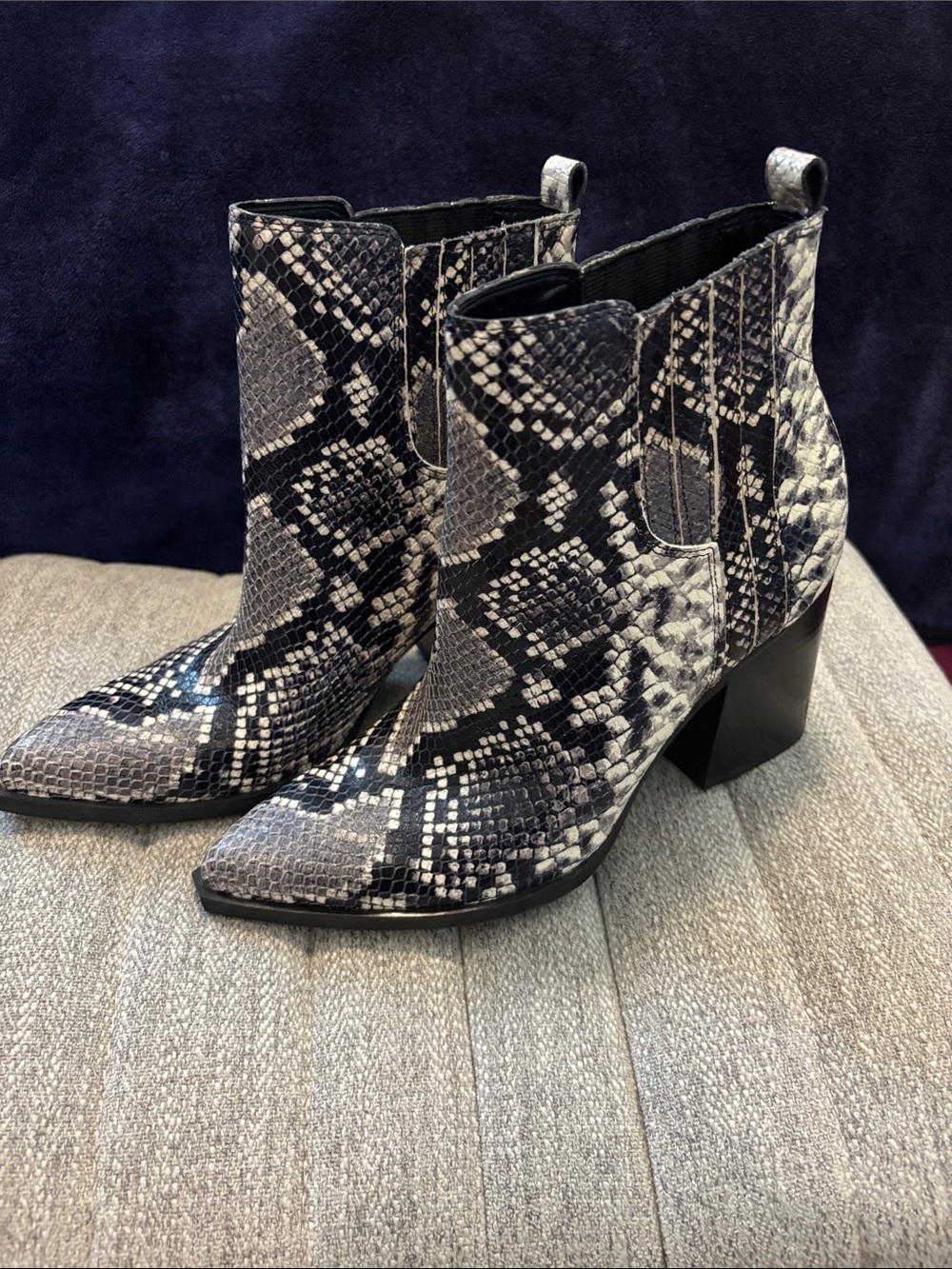Marc Jacob’s Snake-Print Ankle Boots in Black and Gray Size 8